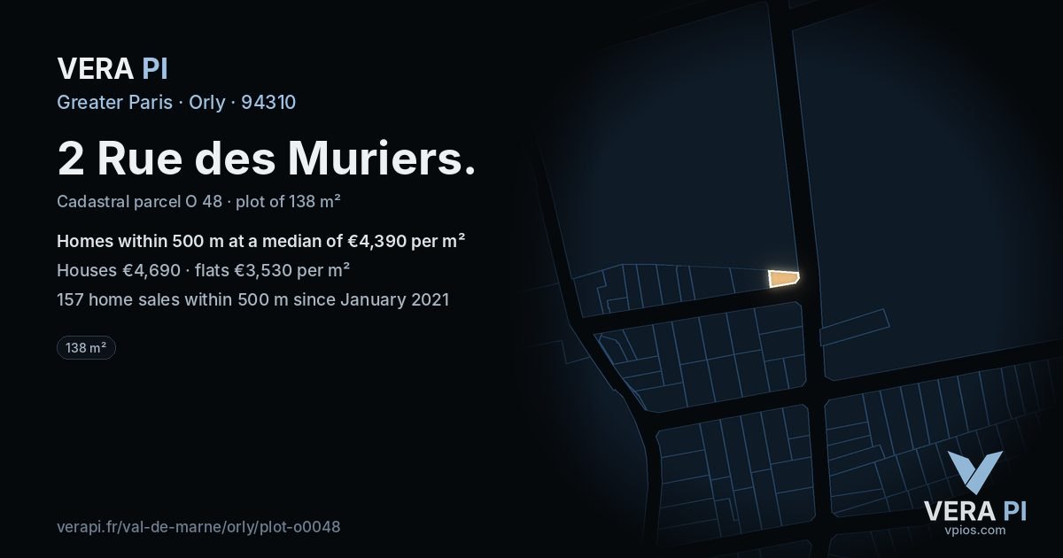2 Rue des Muriers, Orly at night – the plot lit, the parcels around coloured by the prices near them