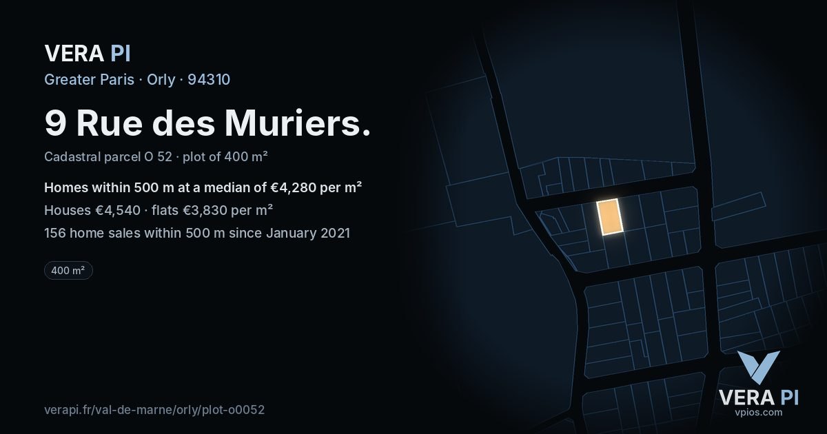9 Rue des Muriers, Orly at night – the plot lit, the parcels around coloured by the prices near them