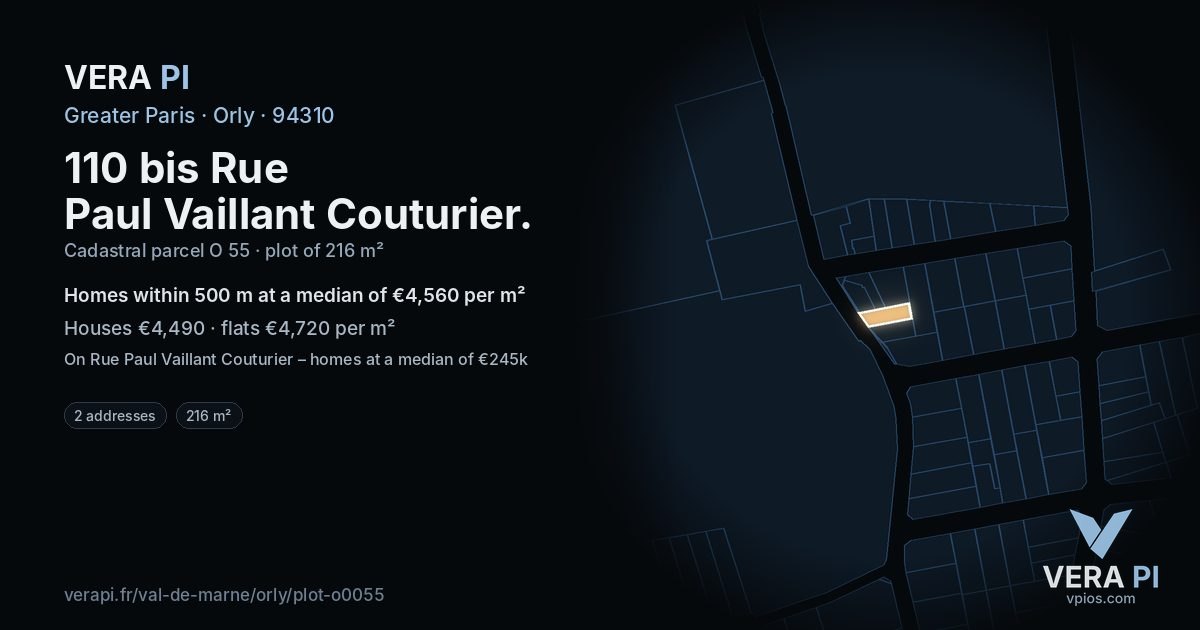 110 bis Rue Paul Vaillant Couturier, Orly at night – the plot lit, the parcels around coloured by the prices near them