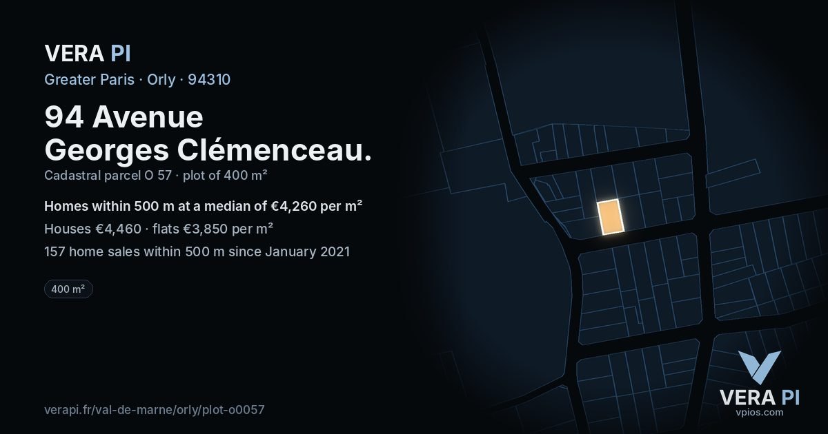 94 Avenue Georges Clémenceau, Orly at night – the plot lit, the parcels around coloured by the prices near them