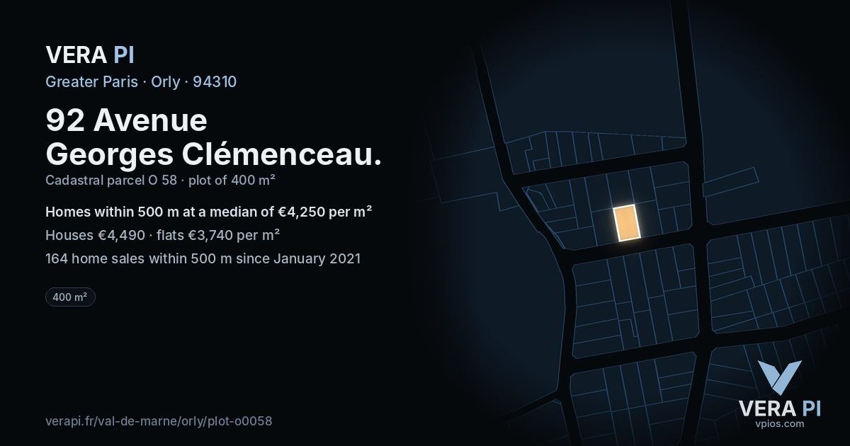 92 Avenue Georges Clémenceau, Orly at night – the plot lit, the parcels around coloured by the prices near them