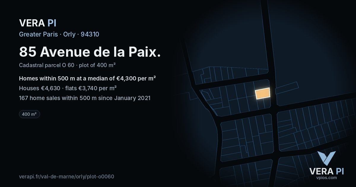 85 Avenue de la Paix, Orly at night – the plot lit, the parcels around coloured by the prices near them