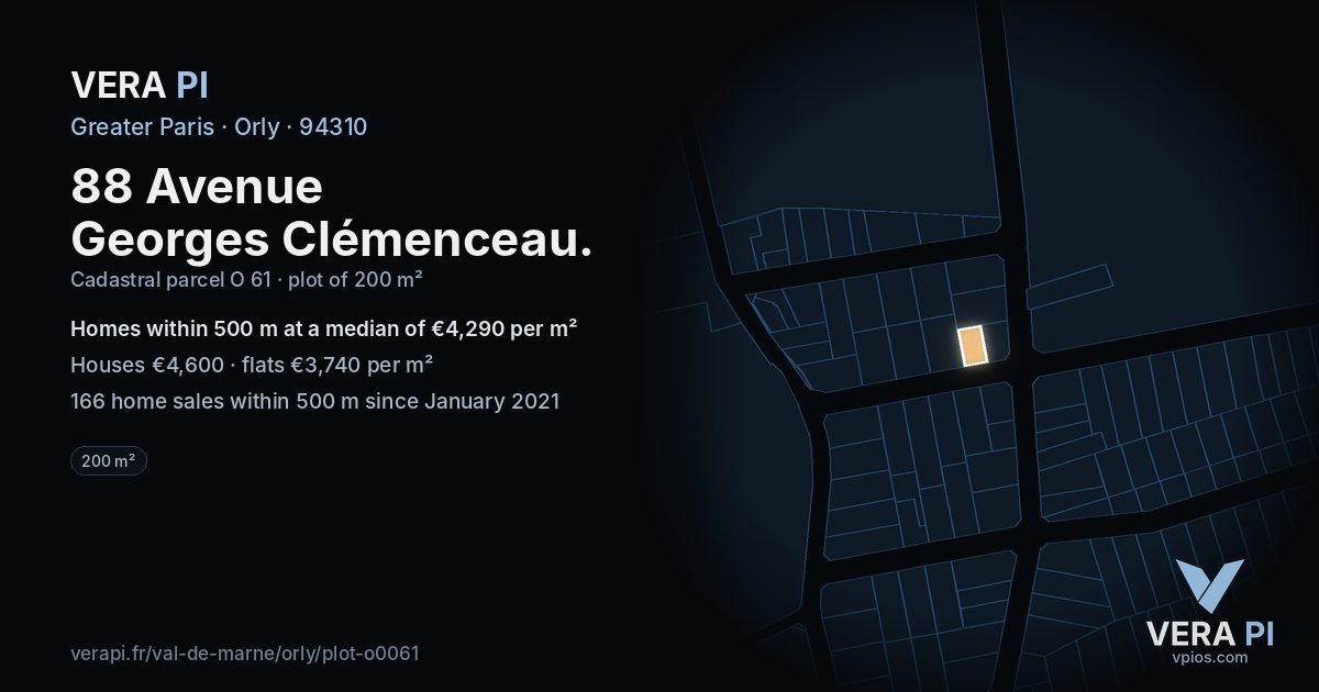 88 Avenue Georges Clémenceau, Orly at night – the plot lit, the parcels around coloured by the prices near them