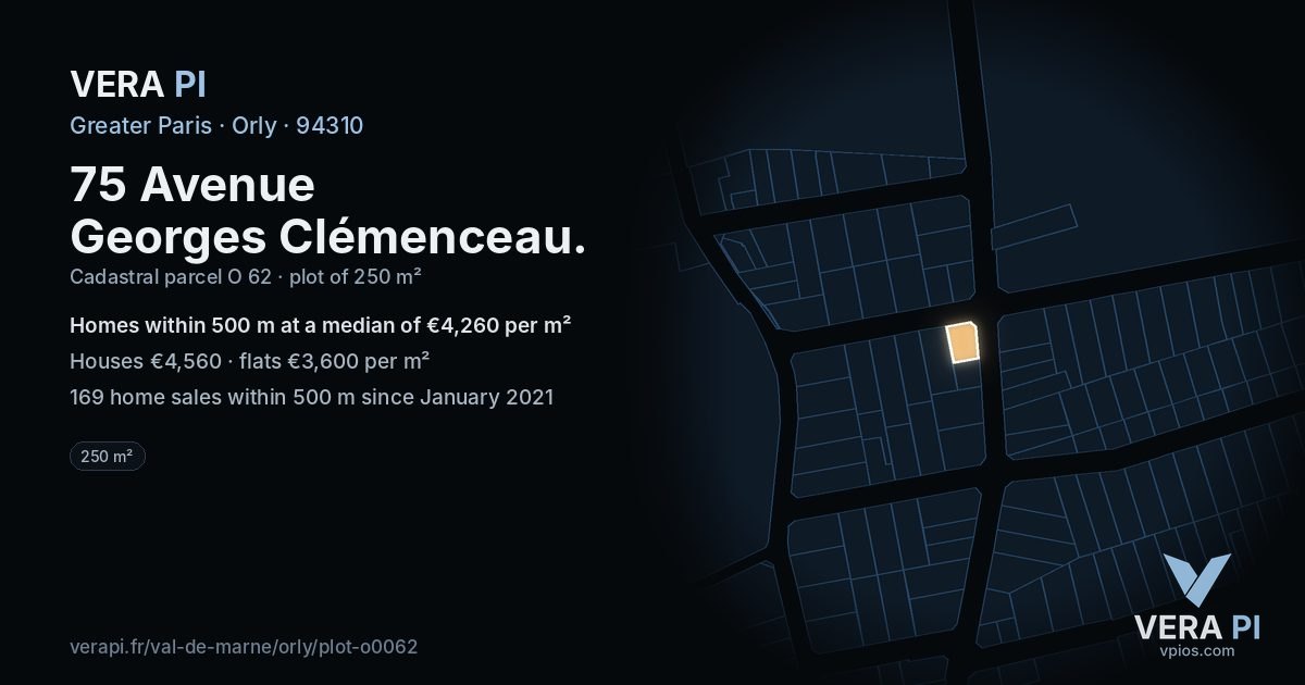 75 Avenue Georges Clémenceau, Orly at night – the plot lit, the parcels around coloured by the prices near them