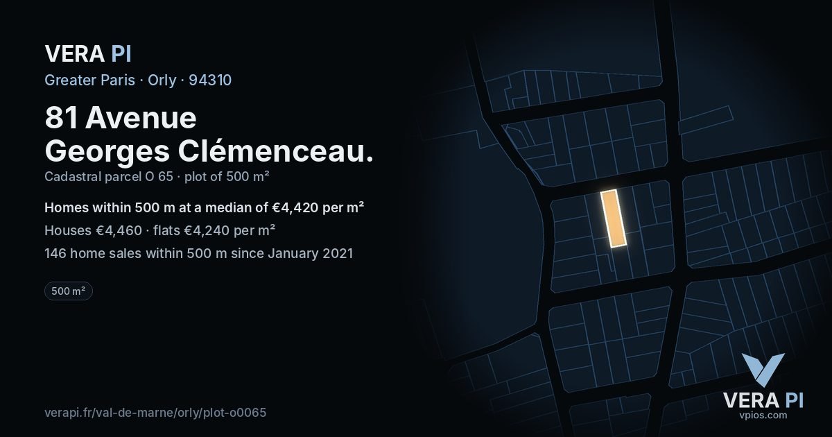 81 Avenue Georges Clémenceau, Orly at night – the plot lit, the parcels around coloured by the prices near them
