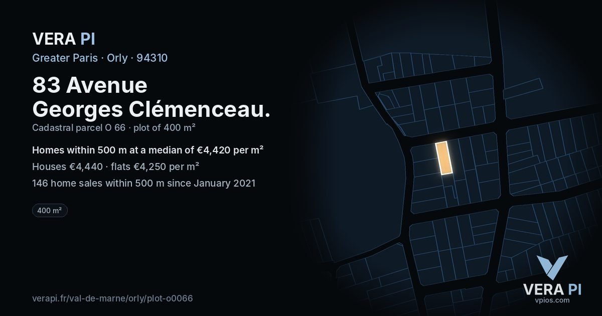 83 Avenue Georges Clémenceau, Orly at night – the plot lit, the parcels around coloured by the prices near them