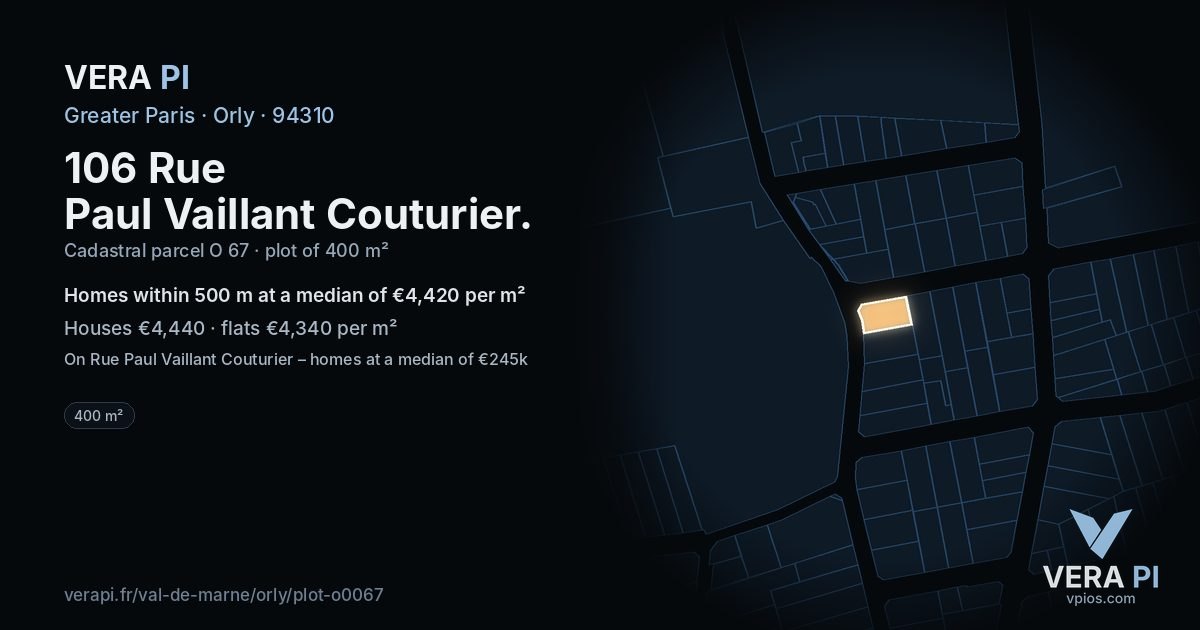 106 Rue Paul Vaillant Couturier, Orly at night – the plot lit, the parcels around coloured by the prices near them