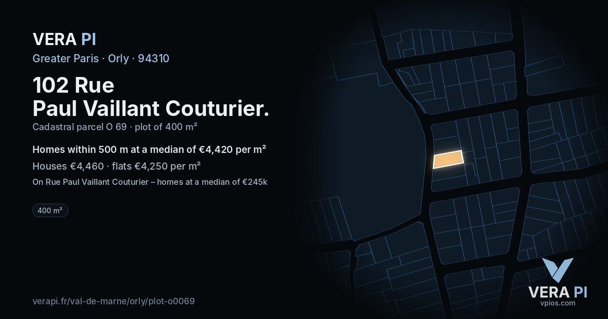 102 Rue Paul Vaillant Couturier, Orly at night – the plot lit, the parcels around coloured by the prices near them