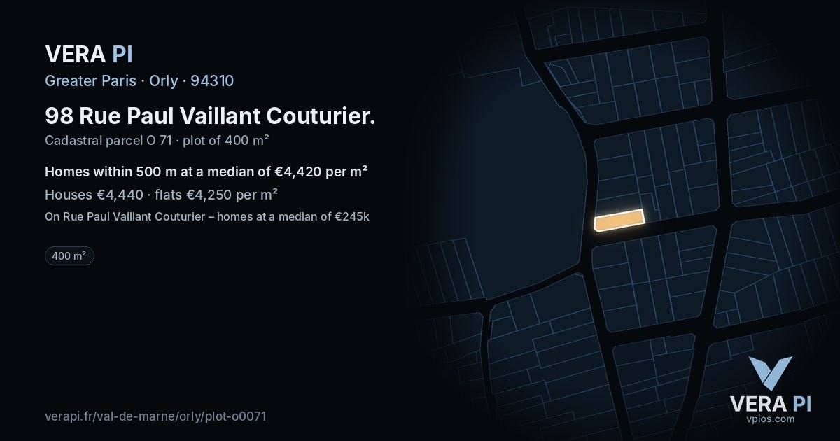 98 Rue Paul Vaillant Couturier, Orly at night – the plot lit, the parcels around coloured by the prices near them
