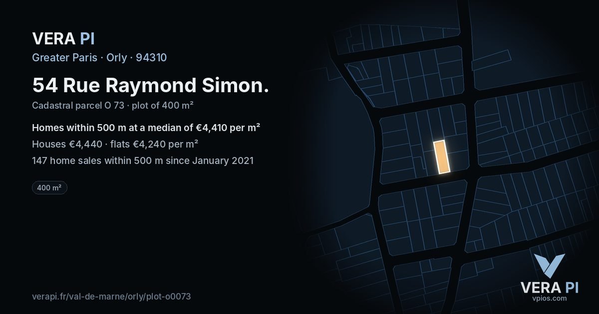 54 Rue Raymond Simon, Orly at night – the plot lit, the parcels around coloured by the prices near them