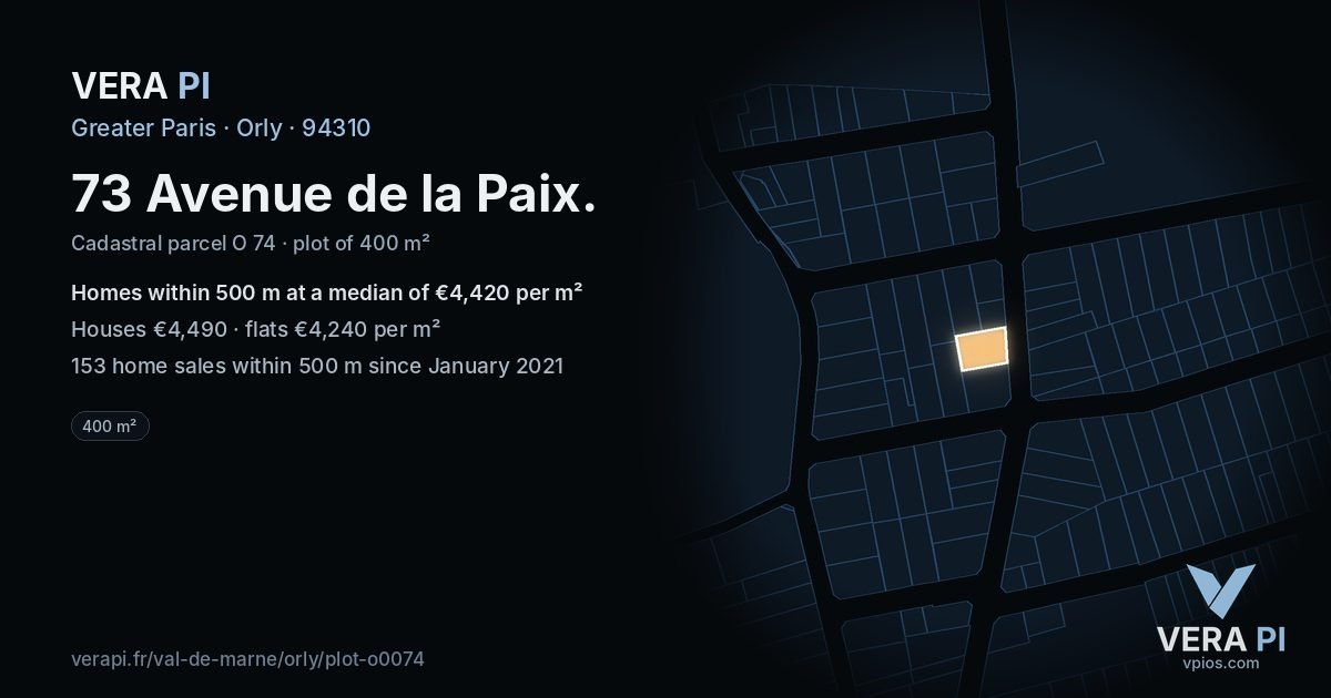 73 Avenue de la Paix, Orly at night – the plot lit, the parcels around coloured by the prices near them