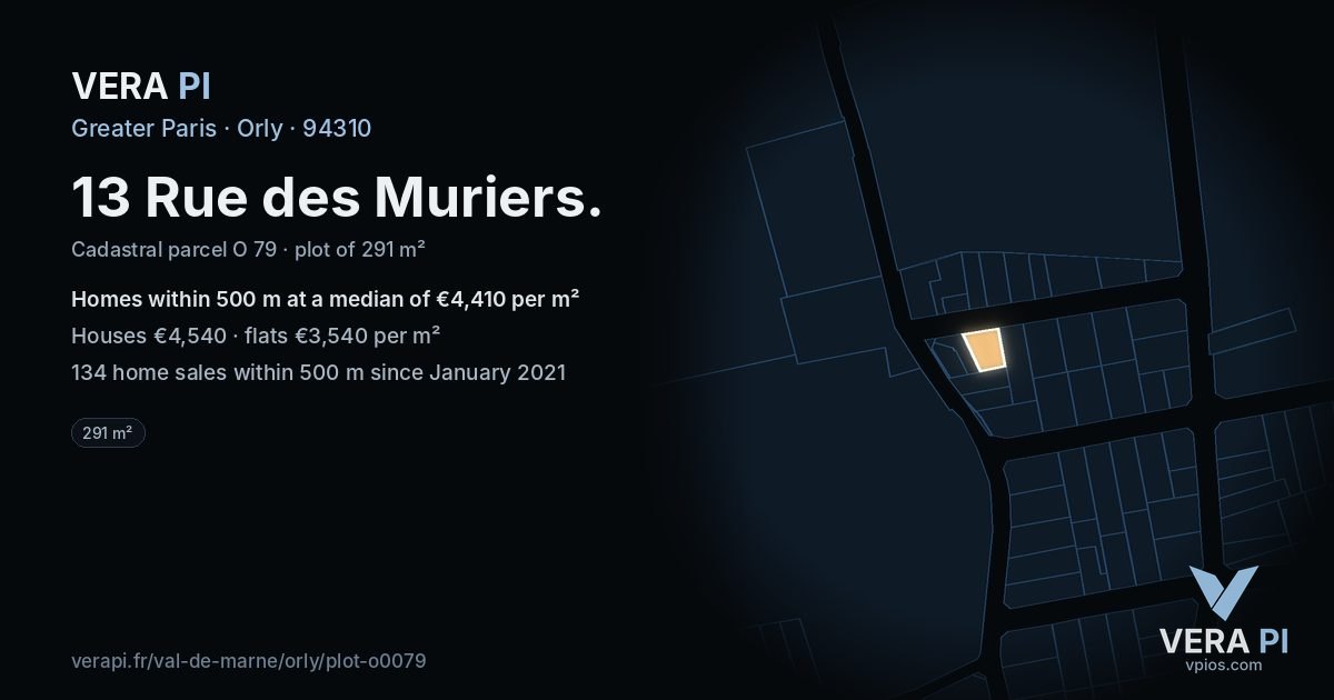 13 Rue des Muriers, Orly at night – the plot lit, the parcels around coloured by the prices near them