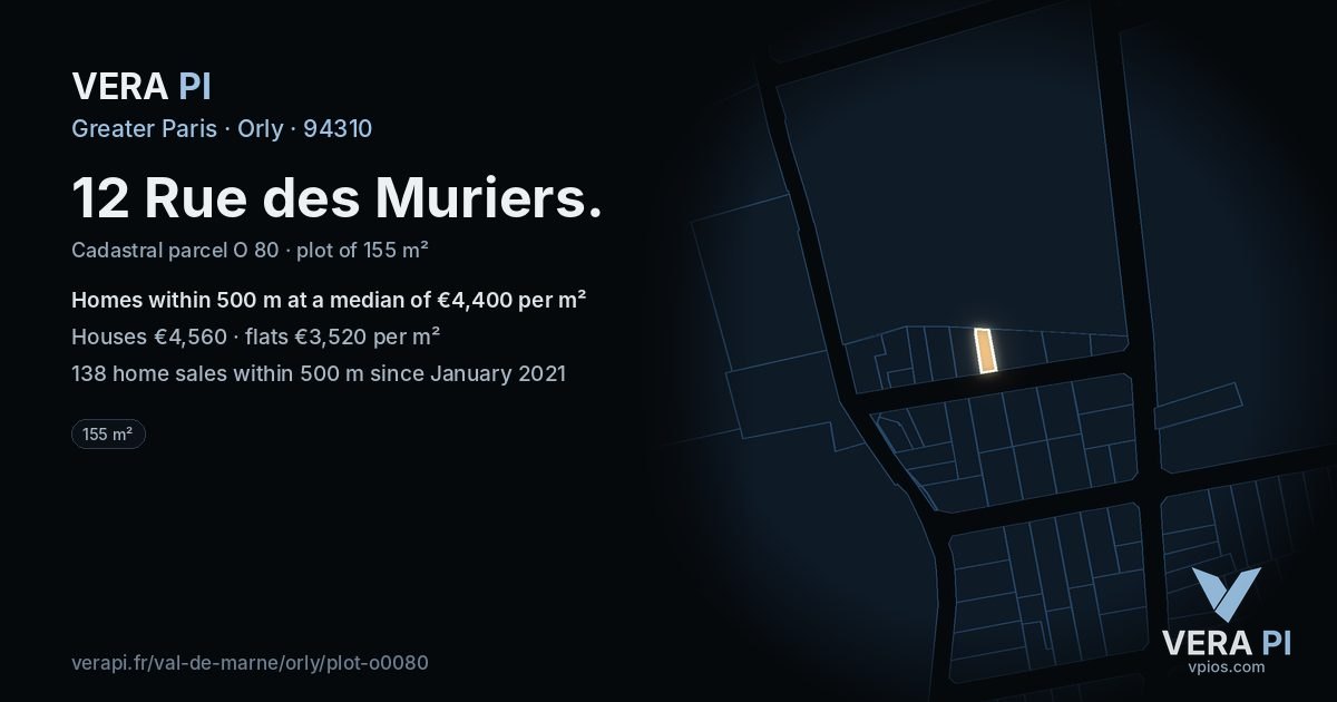12 Rue des Muriers, Orly at night – the plot lit, the parcels around coloured by the prices near them
