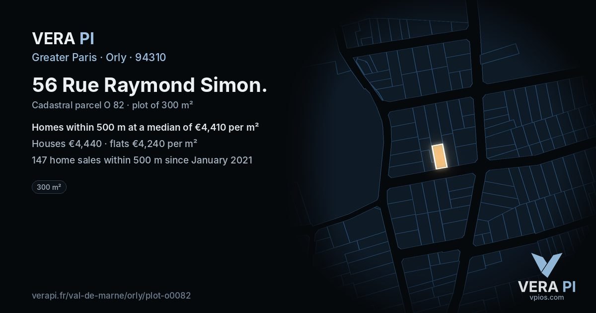 56 Rue Raymond Simon, Orly at night – the plot lit, the parcels around coloured by the prices near them
