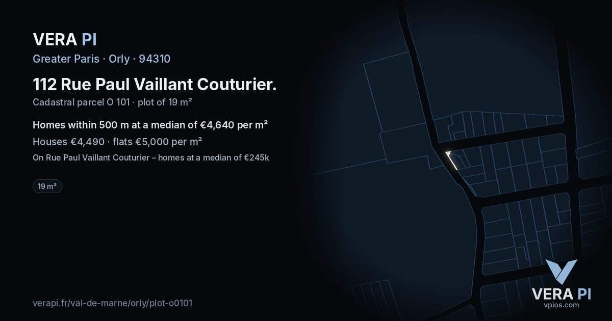 112 Rue Paul Vaillant Couturier, Orly at night – the plot lit, the parcels around coloured by the prices near them