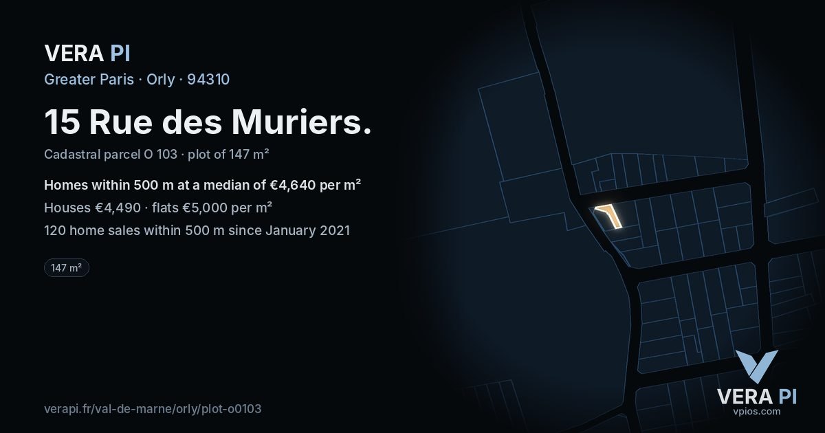 15 Rue des Muriers, Orly at night – the plot lit, the parcels around coloured by the prices near them