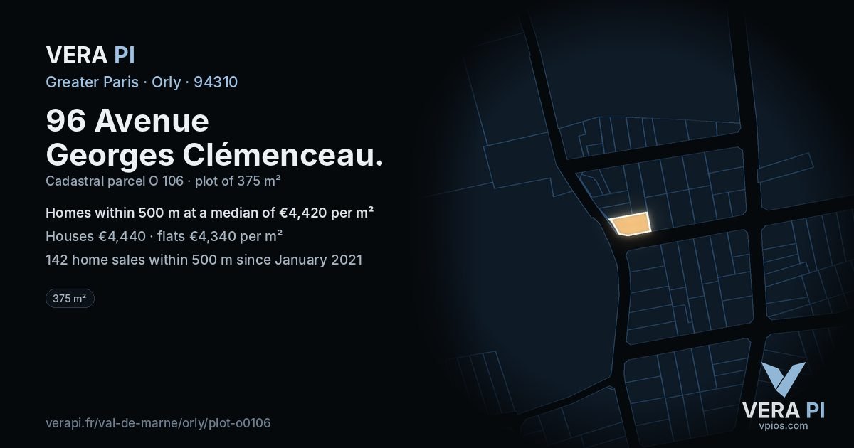 96 Avenue Georges Clémenceau, Orly at night – the plot lit, the parcels around coloured by the prices near them