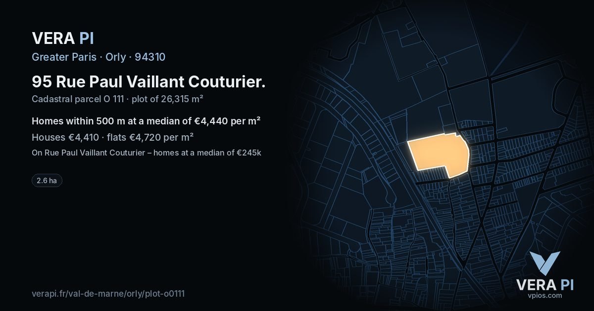 95 Rue Paul Vaillant Couturier, Orly at night – the plot lit, the parcels around coloured by the prices near them