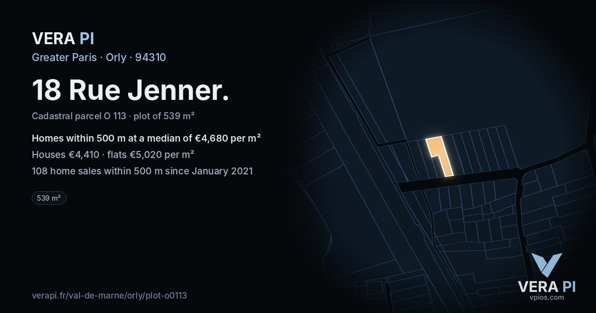 18 Rue Jenner, Orly at night – the plot lit, the parcels around coloured by the prices near them