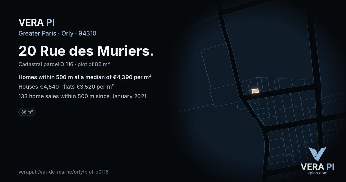 20 Rue des Muriers, Orly at night – the plot lit, the parcels around coloured by the prices near them