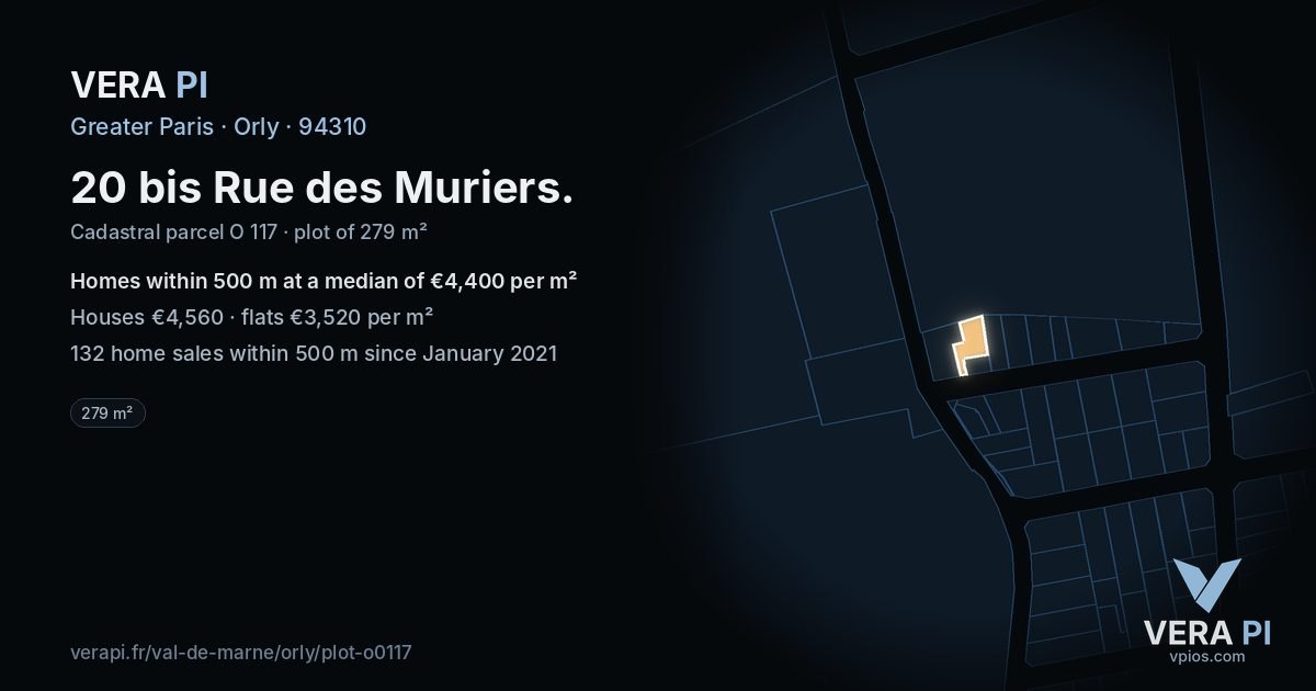 20 bis Rue des Muriers, Orly at night – the plot lit, the parcels around coloured by the prices near them