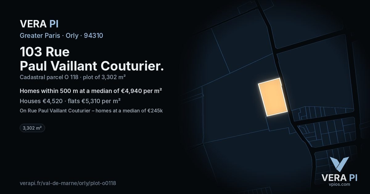 103 Rue Paul Vaillant Couturier, Orly at night – the plot lit, the parcels around coloured by the prices near them