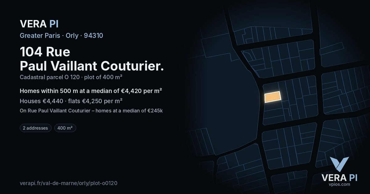 104 Rue Paul Vaillant Couturier, Orly at night – the plot lit, the parcels around coloured by the prices near them
