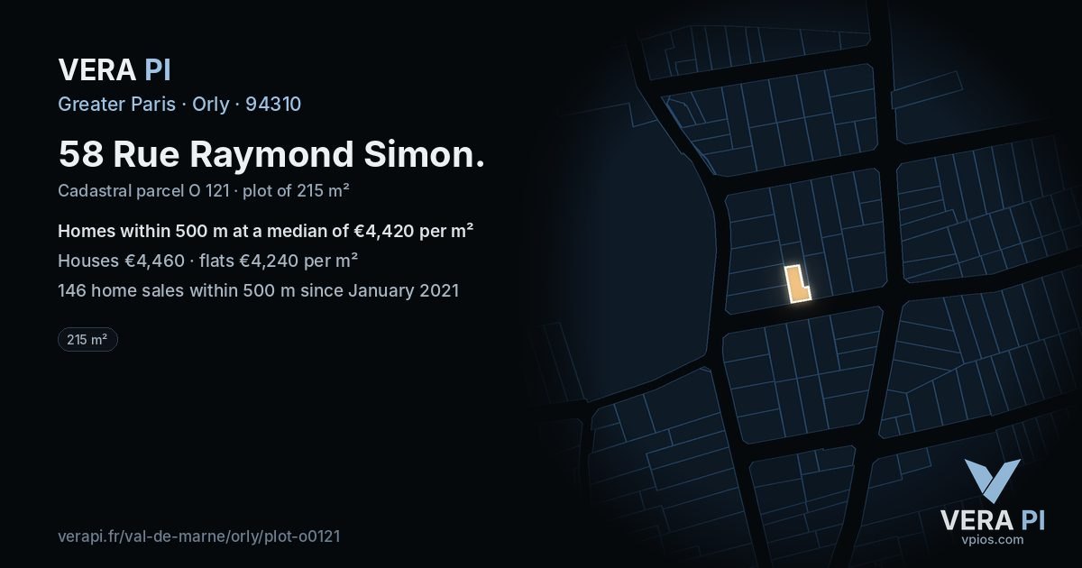 58 Rue Raymond Simon, Orly at night – the plot lit, the parcels around coloured by the prices near them