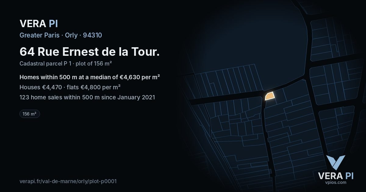 64 Rue Ernest de la Tour, Orly at night – the plot lit, the parcels around coloured by the prices near them