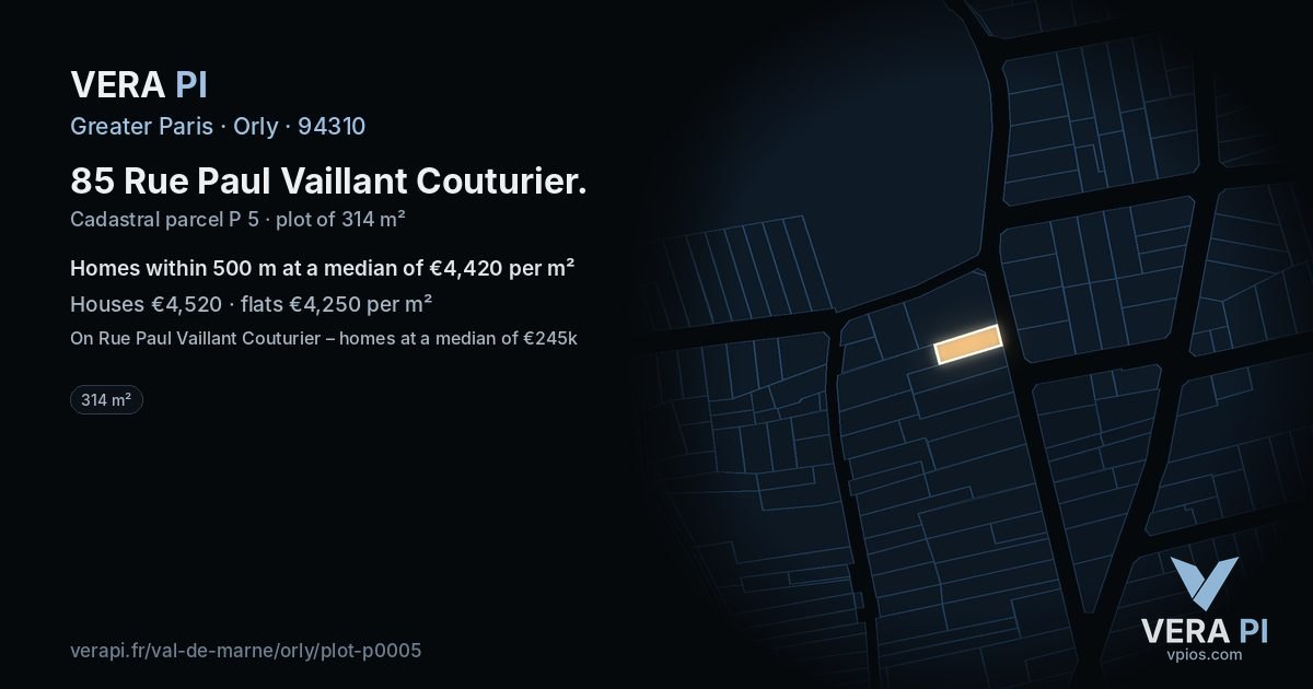 85 Rue Paul Vaillant Couturier, Orly at night – the plot lit, the parcels around coloured by the prices near them