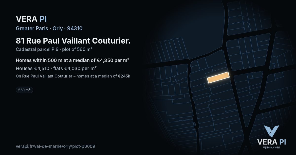 81 Rue Paul Vaillant Couturier, Orly at night – the plot lit, the parcels around coloured by the prices near them