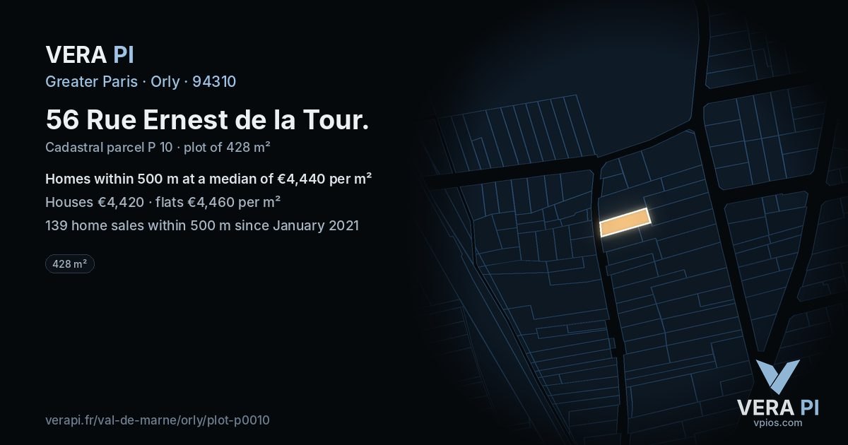 56 Rue Ernest de la Tour, Orly at night – the plot lit, the parcels around coloured by the prices near them