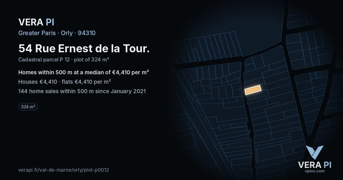 54 Rue Ernest de la Tour, Orly at night – the plot lit, the parcels around coloured by the prices near them