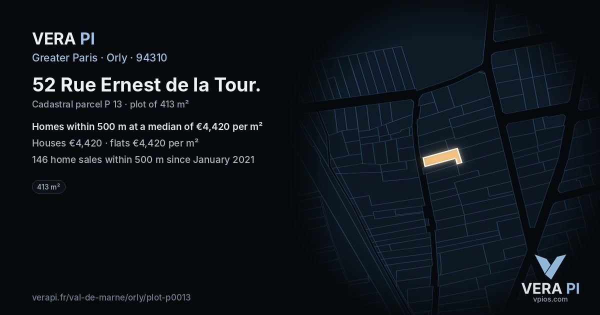 52 Rue Ernest de la Tour, Orly at night – the plot lit, the parcels around coloured by the prices near them