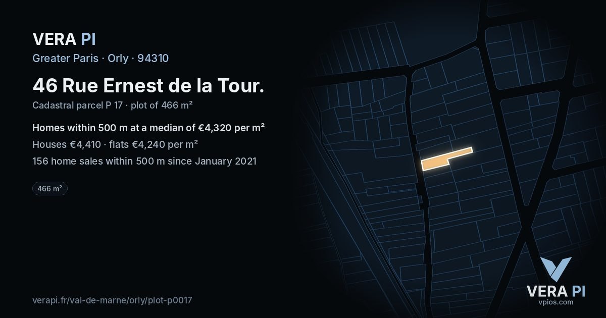 46 Rue Ernest de la Tour, Orly at night – the plot lit, the parcels around coloured by the prices near them
