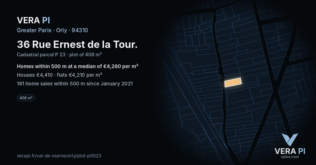 36 Rue Ernest de la Tour, Orly at night – the plot lit, the parcels around coloured by the prices near them