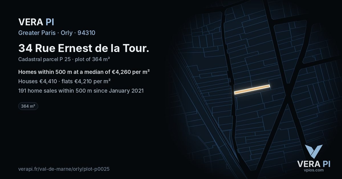 34 Rue Ernest de la Tour, Orly at night – the plot lit, the parcels around coloured by the prices near them