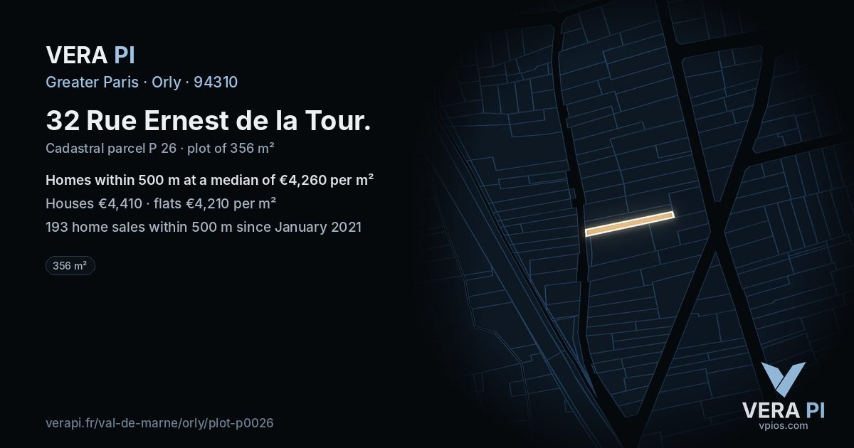 32 Rue Ernest de la Tour, Orly at night – the plot lit, the parcels around coloured by the prices near them
