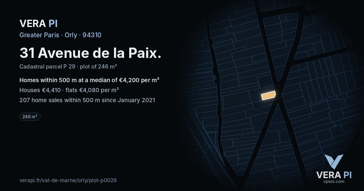31 Avenue de la Paix, Orly at night – the plot lit, the parcels around coloured by the prices near them