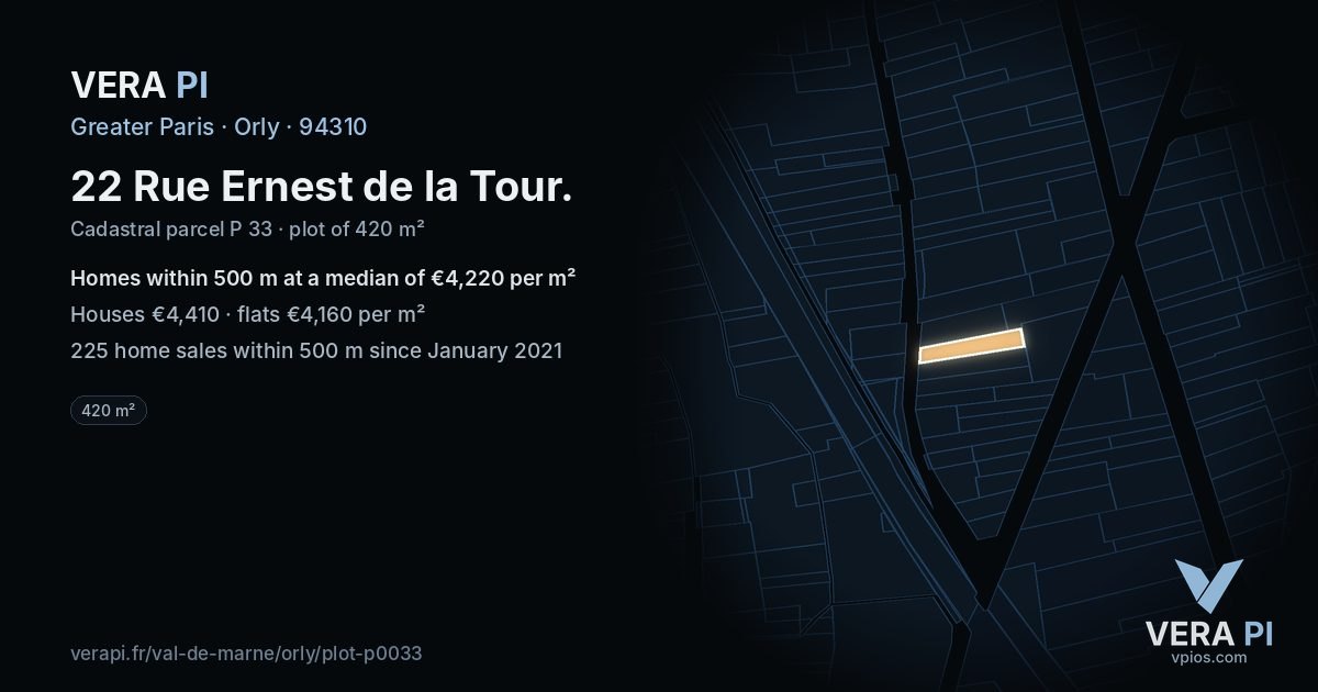 22 Rue Ernest de la Tour, Orly at night – the plot lit, the parcels around coloured by the prices near them