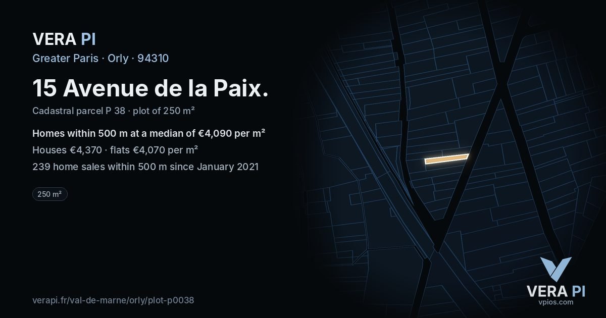15 Avenue de la Paix, Orly at night – the plot lit, the parcels around coloured by the prices near them