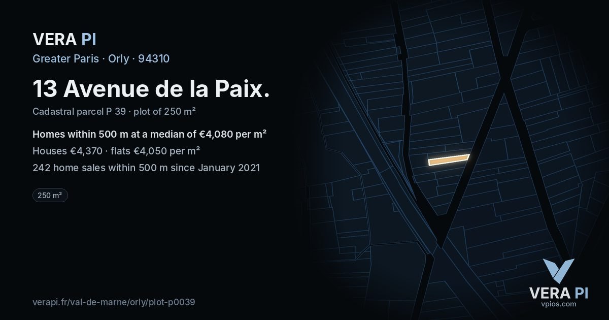 13 Avenue de la Paix, Orly at night – the plot lit, the parcels around coloured by the prices near them