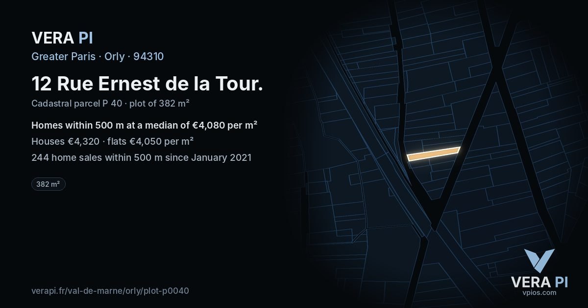 12 Rue Ernest de la Tour, Orly at night – the plot lit, the parcels around coloured by the prices near them