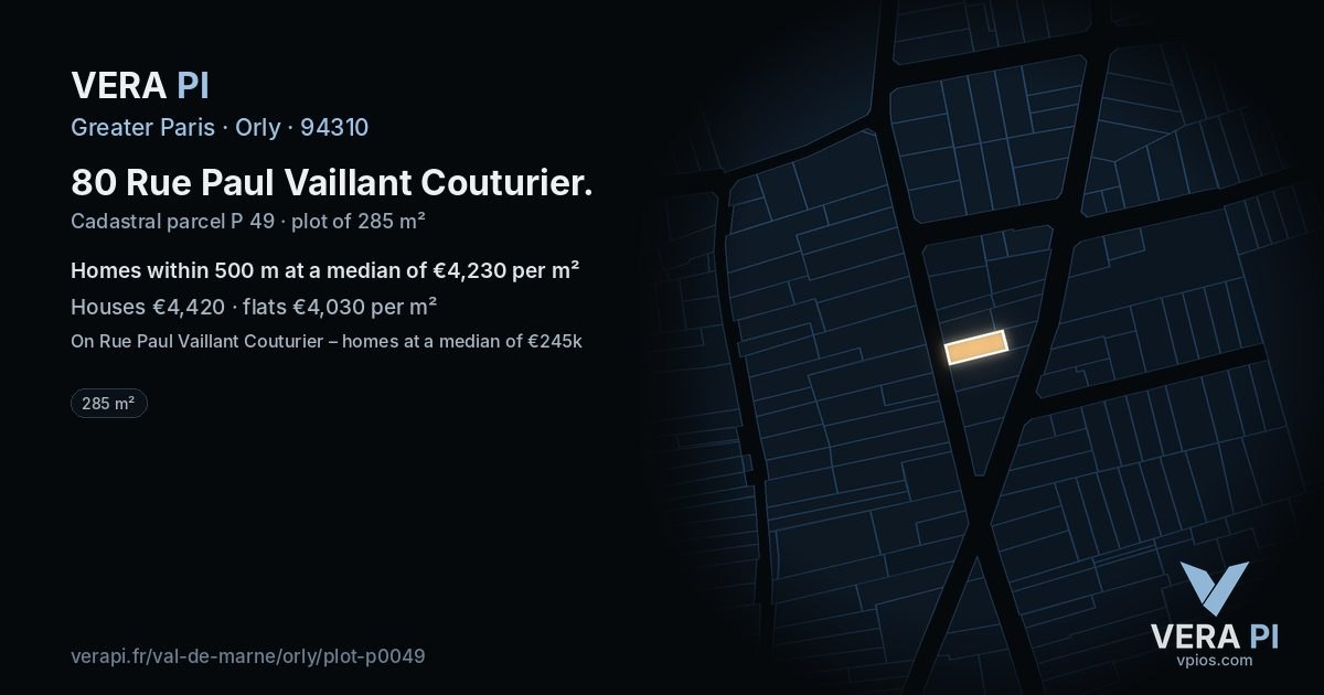 80 Rue Paul Vaillant Couturier, Orly at night – the plot lit, the parcels around coloured by the prices near them