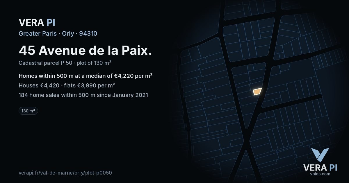45 Avenue de la Paix, Orly at night – the plot lit, the parcels around coloured by the prices near them