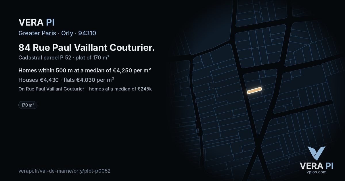 84 Rue Paul Vaillant Couturier, Orly at night – the plot lit, the parcels around coloured by the prices near them