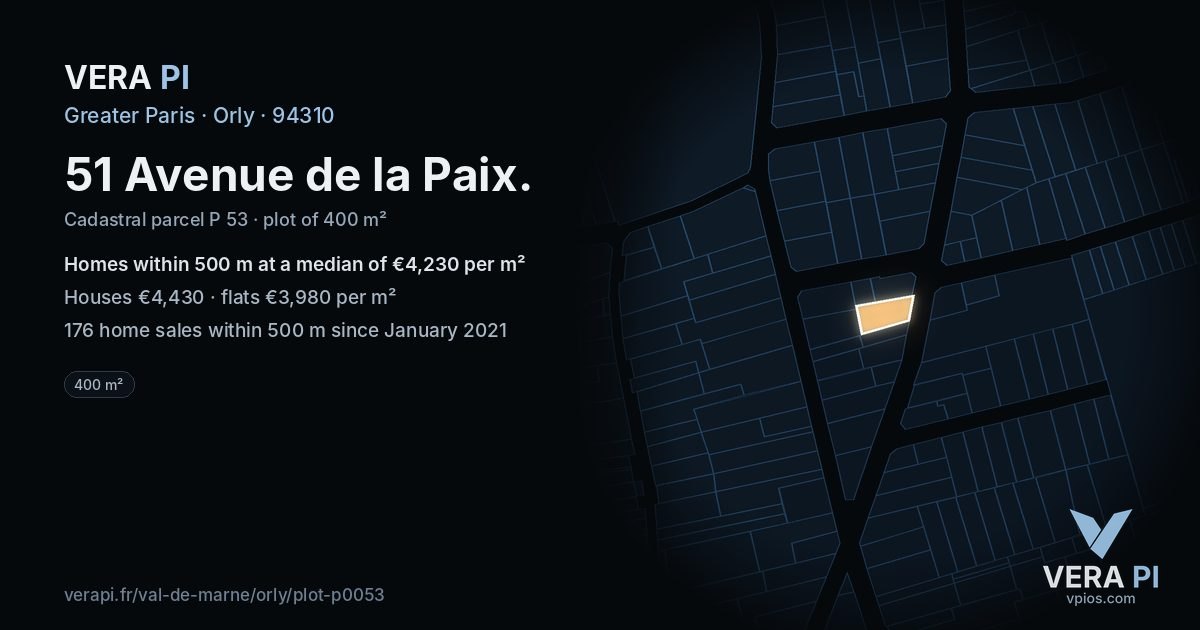 51 Avenue de la Paix, Orly at night – the plot lit, the parcels around coloured by the prices near them