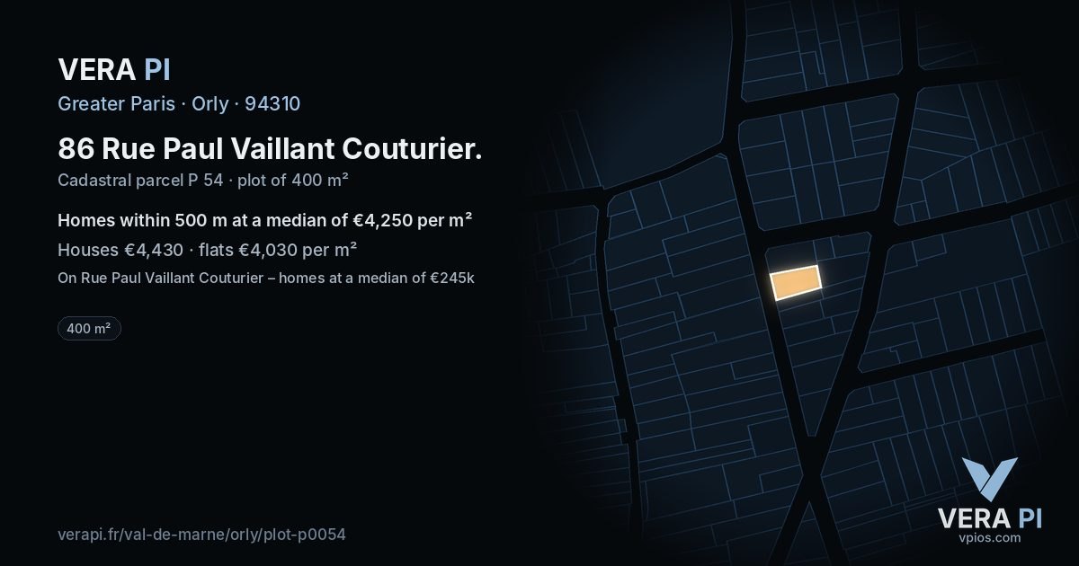 86 Rue Paul Vaillant Couturier, Orly at night – the plot lit, the parcels around coloured by the prices near them