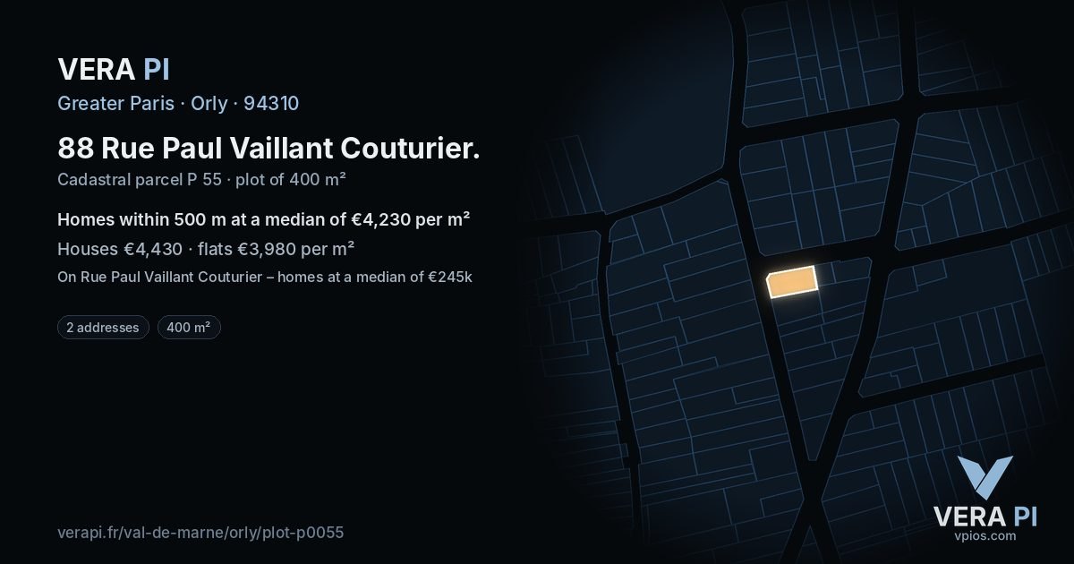88 Rue Paul Vaillant Couturier, Orly at night – the plot lit, the parcels around coloured by the prices near them