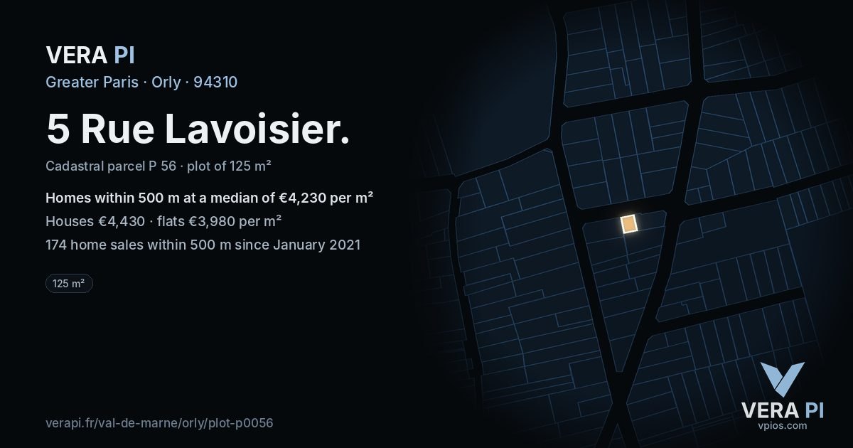 5 Rue Lavoisier, Orly at night – the plot lit, the parcels around coloured by the prices near them